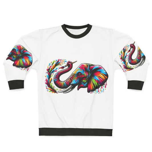 Colorful elephant painting on a cozy sweatshirt