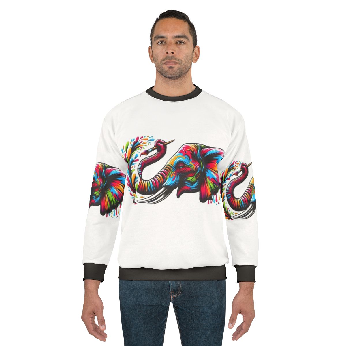 Colorful elephant painting on a cozy sweatshirt