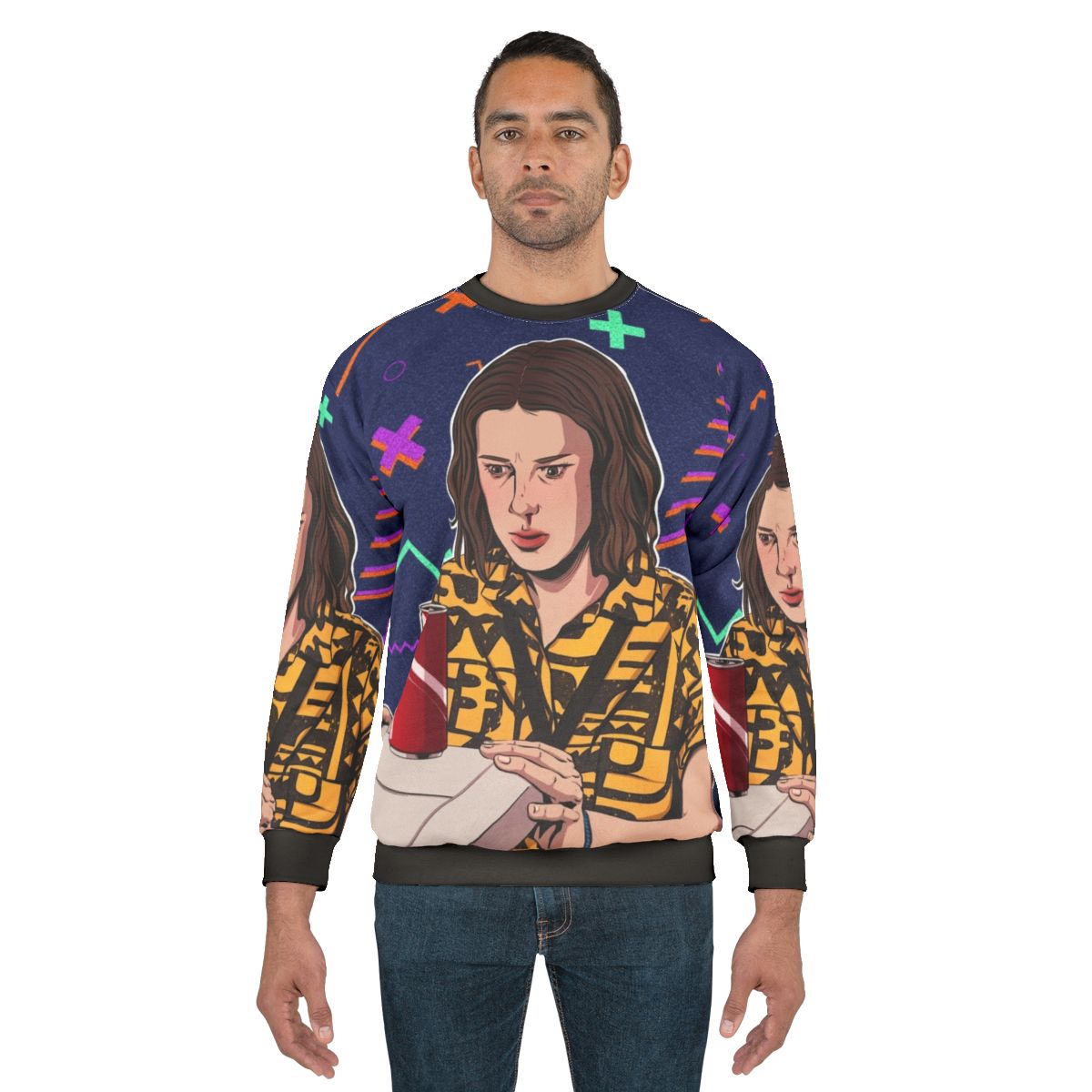 Eleven from Stranger Things Season 3 fan art printed on a sweatshirt