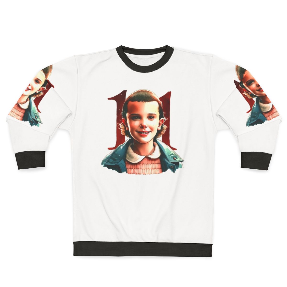 Eleven from Stranger Things wearing the official Eleven Stranger Things Sweatshirt