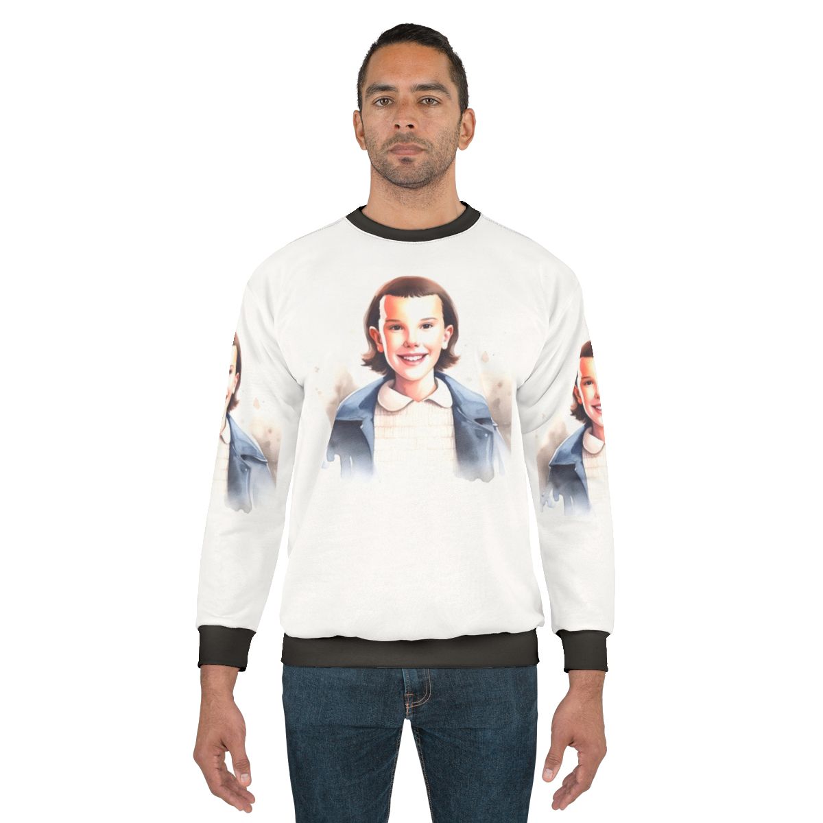 Eleven from Stranger Things wearing a sweatshirt