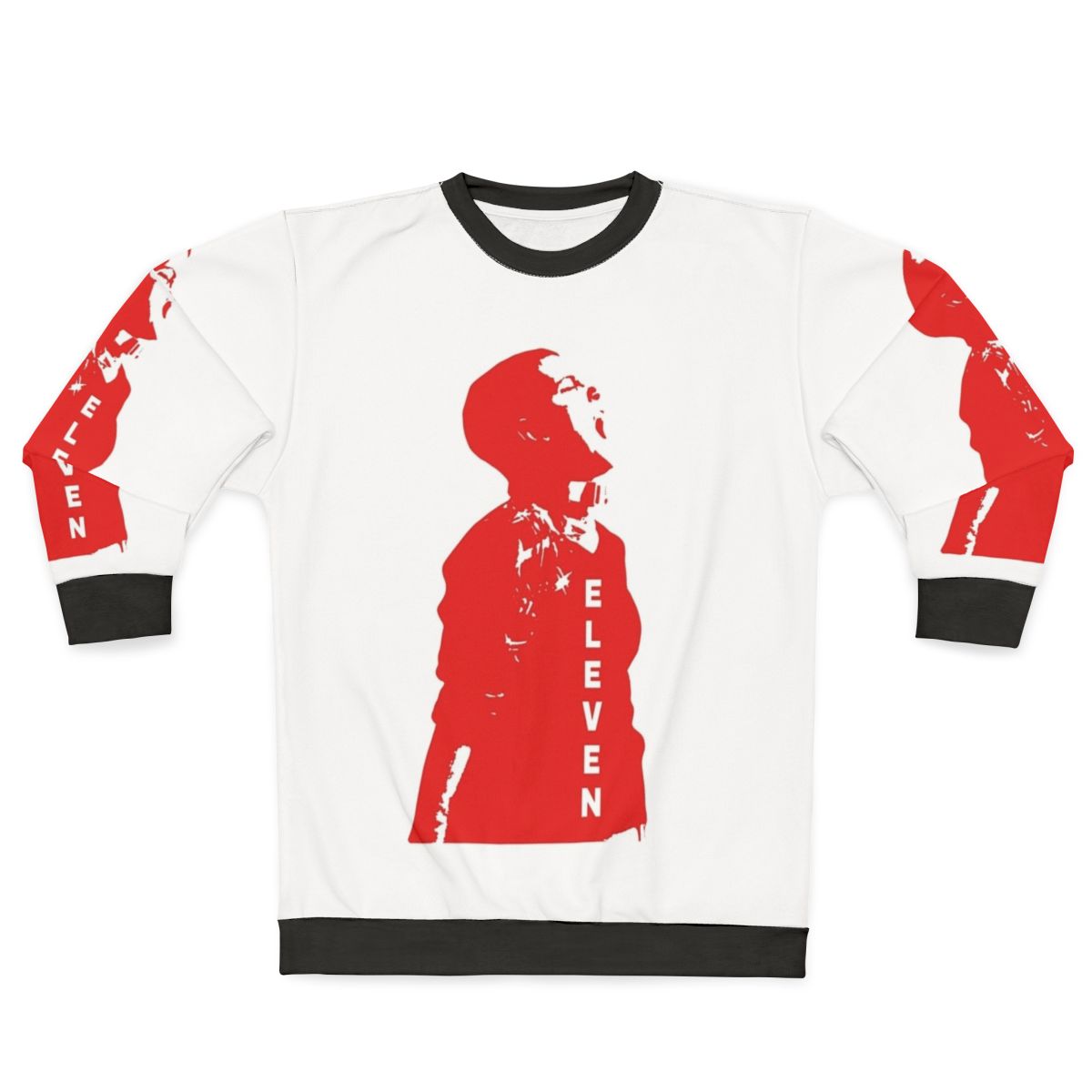 Eleven from Stranger Things wearing the official sweatshirt