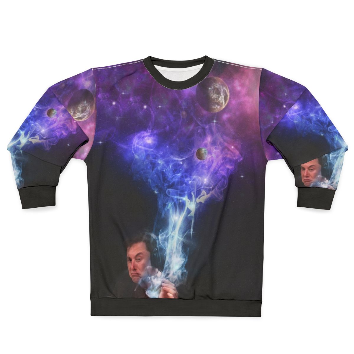 Elon Musk smoking the universe in a cozy sweatshirt