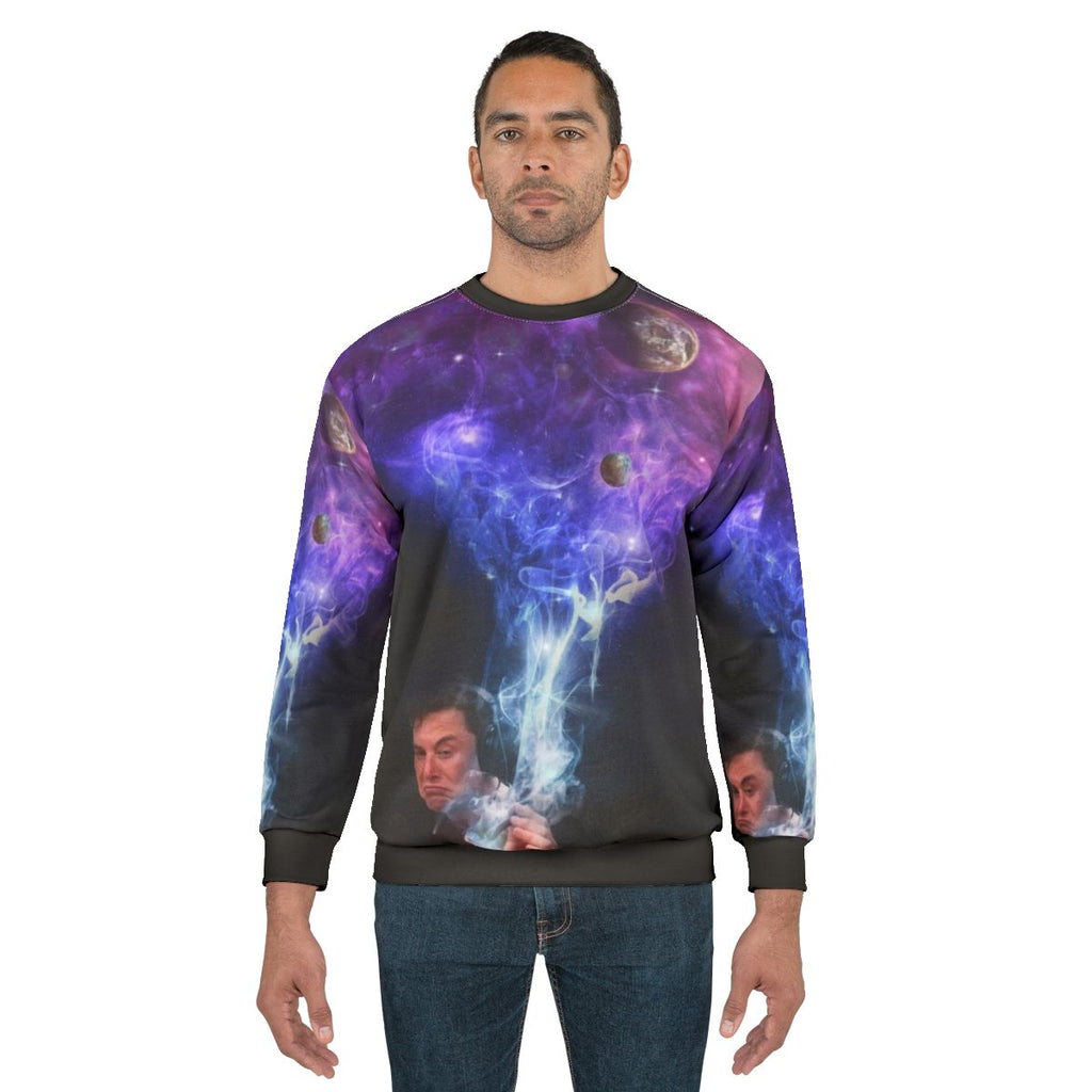 Elon Musk smoking the universe in a cozy sweatshirt