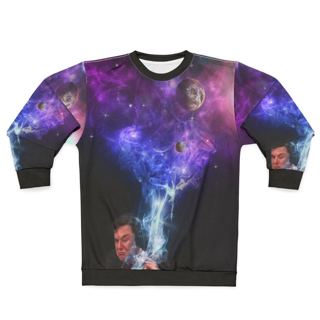 Elon Musk smoking in the cosmos sweatshirt