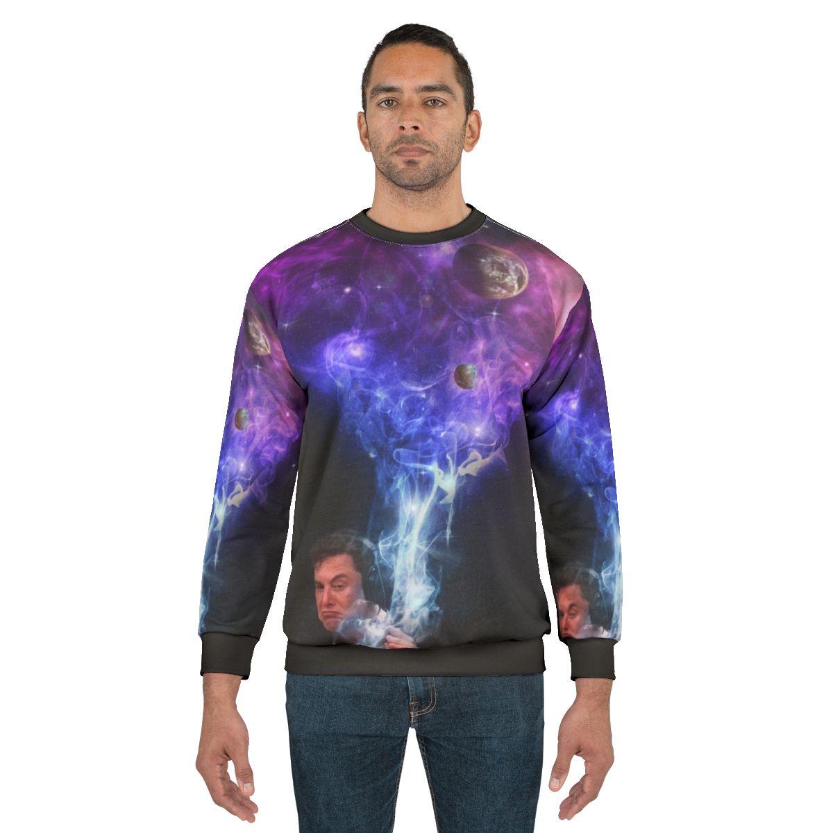 Elon Musk smoking in the cosmos sweatshirt