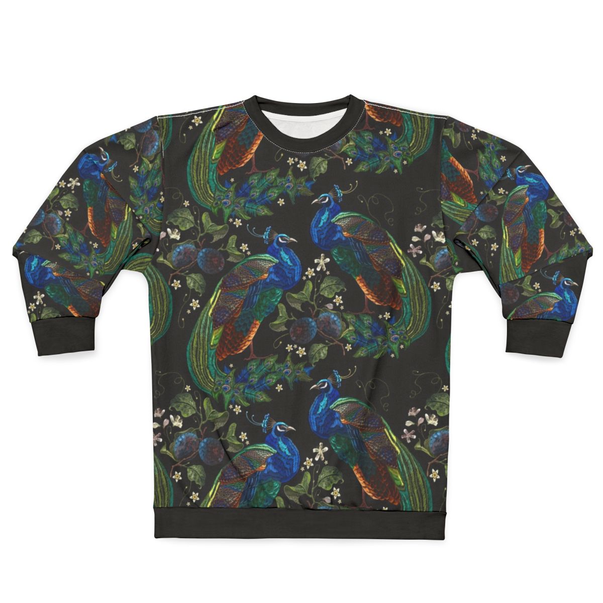 Embroidered peacock sweatshirt with colorful ethnic design
