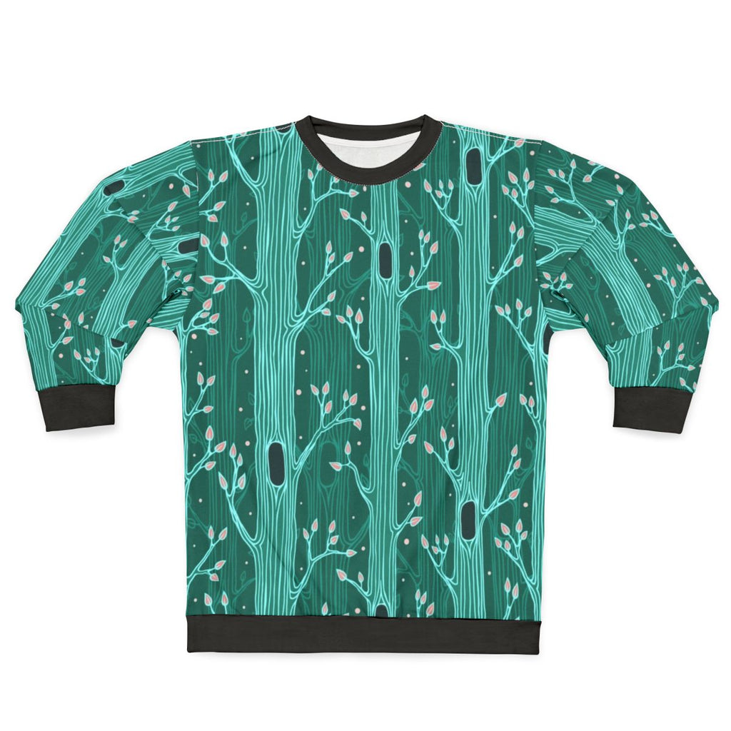 Emerald Forest Seamless Pattern Sweatshirt with Tree Silhouettes