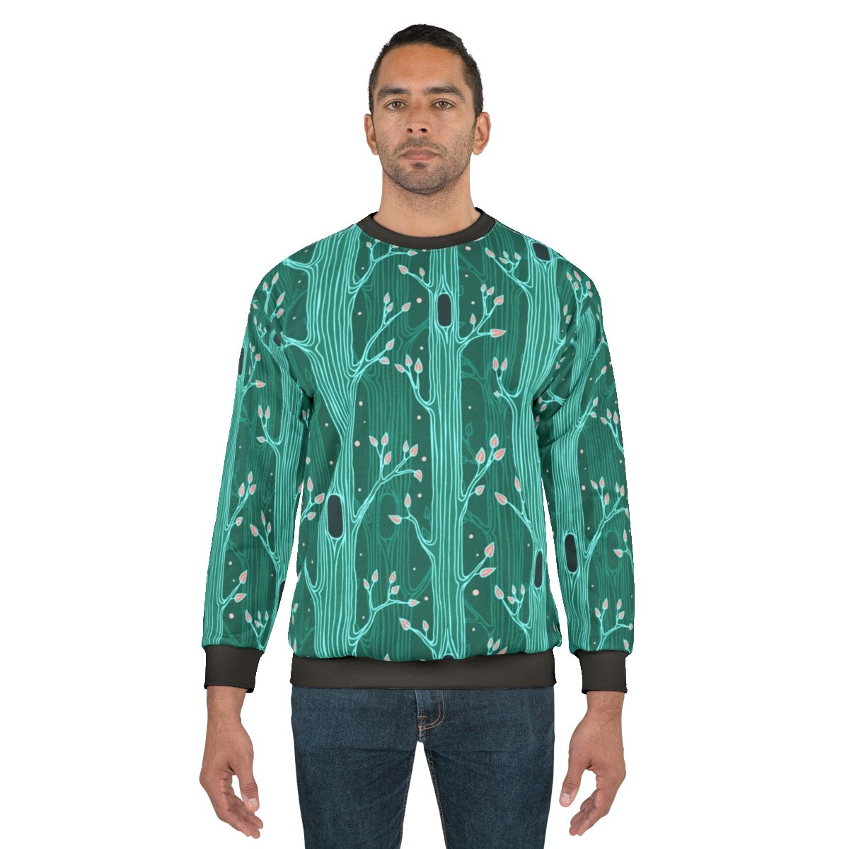 Emerald Forest Seamless Pattern Sweatshirt with Tree Silhouettes