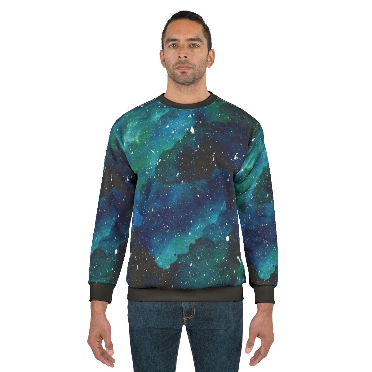 Emerald Galaxy Sweatshirt with Starry Night Sky and Space Imagery