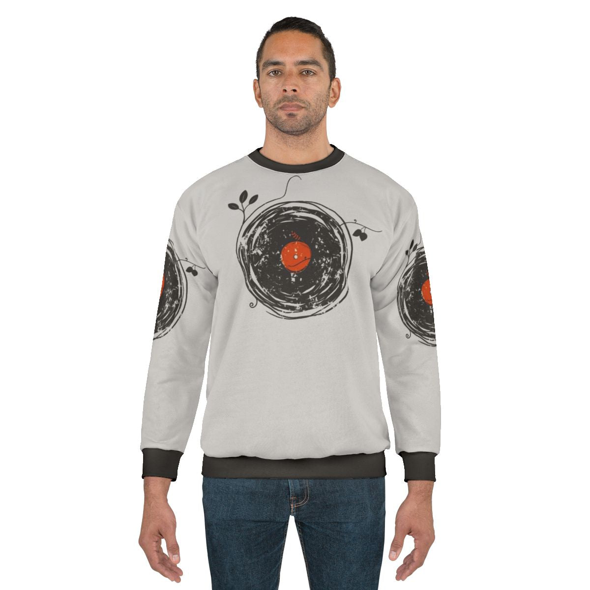 Vintage vinyl record graphic design on a sweatshirt