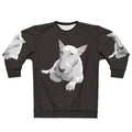 English Bull Terrier wearing a sweatshirt