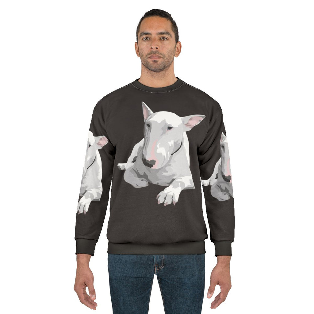 English Bull Terrier wearing a sweatshirt