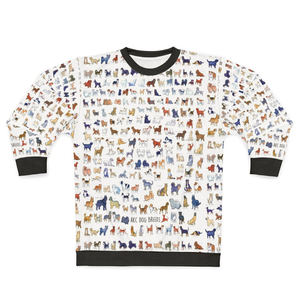 Watercolor illustration of various AKC dog breeds on a sweatshirt
