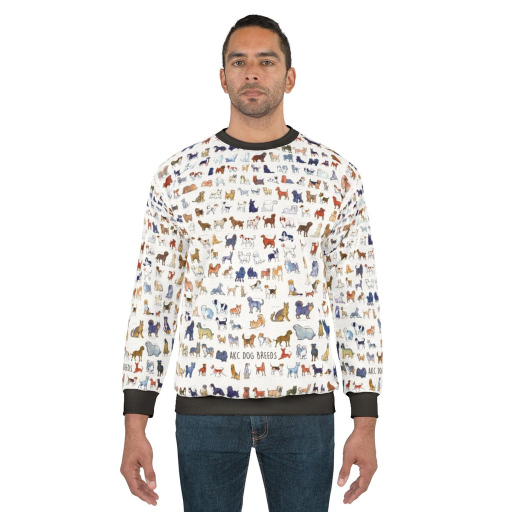 Watercolor illustration of various AKC dog breeds on a sweatshirt