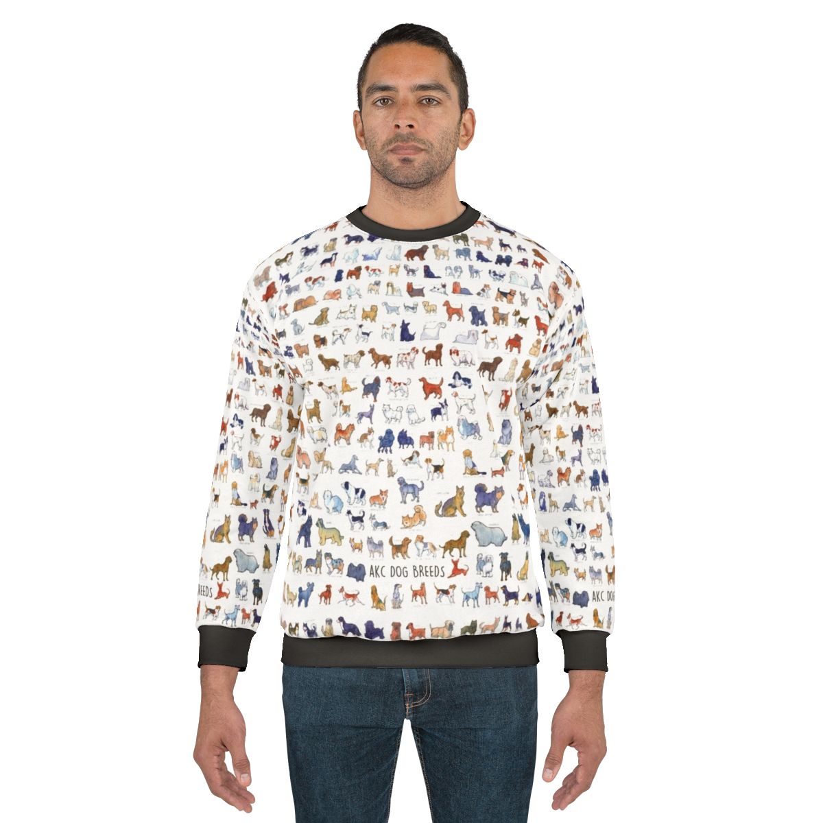 Watercolor illustration of various AKC dog breeds on a sweatshirt
