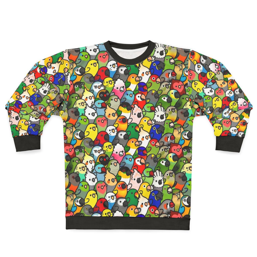 Cockatiel and parrot pattern on a cozy sweatshirt