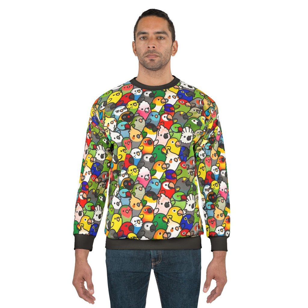 Cockatiel and parrot pattern on a cozy sweatshirt