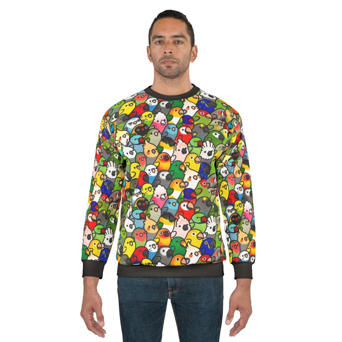 Cockatiel and parrot pattern on a cozy sweatshirt