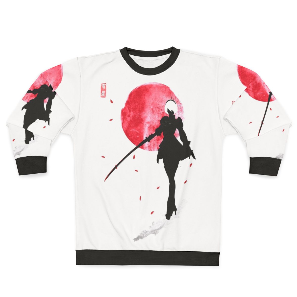 Nier Automata 2B character sweatshirt with anime-inspired design and kanji elements.
