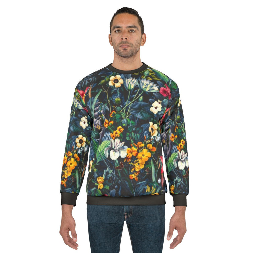 Exotic floral garden sweatshirt with botanical and tropical design