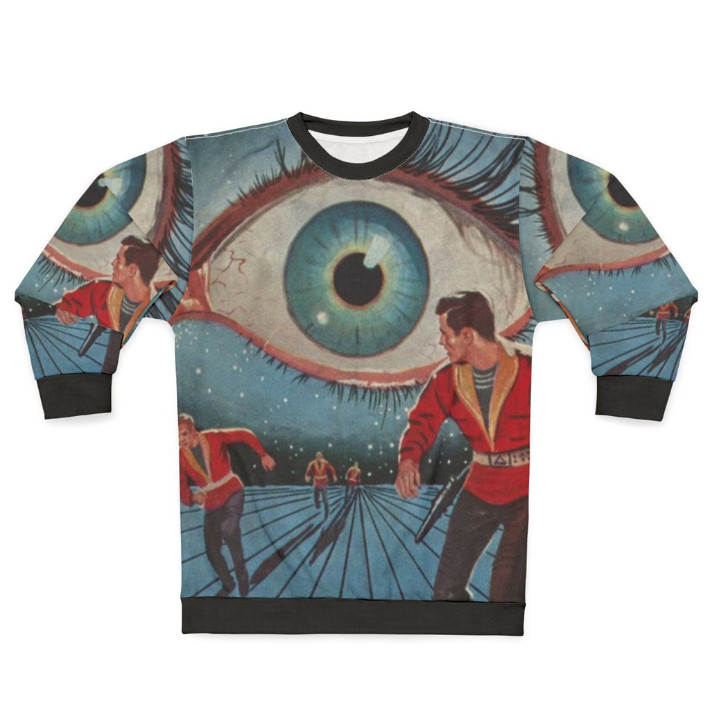 Philip K. Dick inspired sci-fi sweatshirt design with "Eye in the Sky" theme