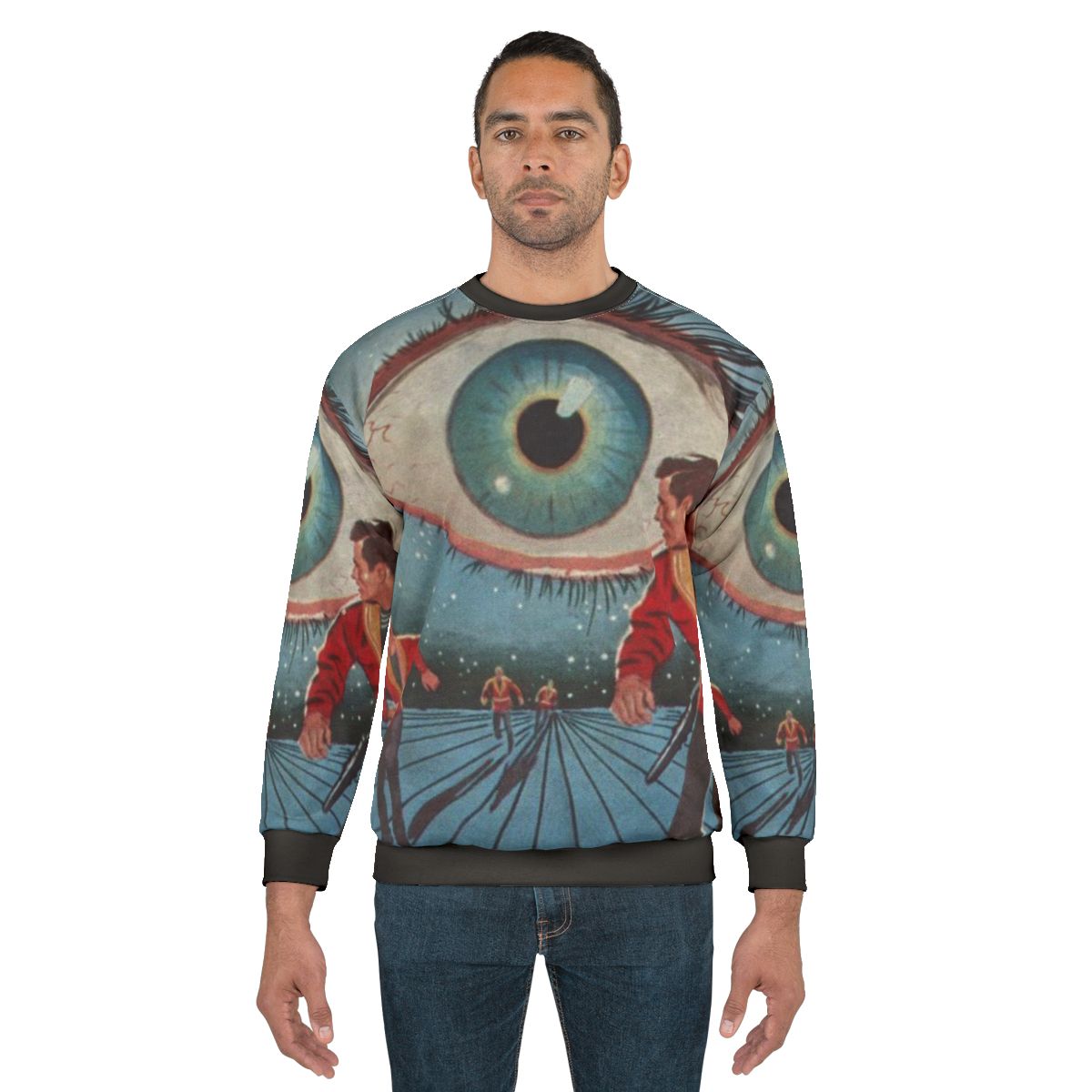 Philip K. Dick inspired sci-fi sweatshirt design with "Eye in the Sky" theme