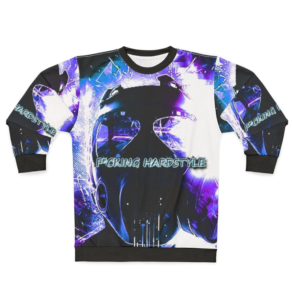 Hardstyle music lover wearing a sweatshirt with "F*cking Hardstyle" text