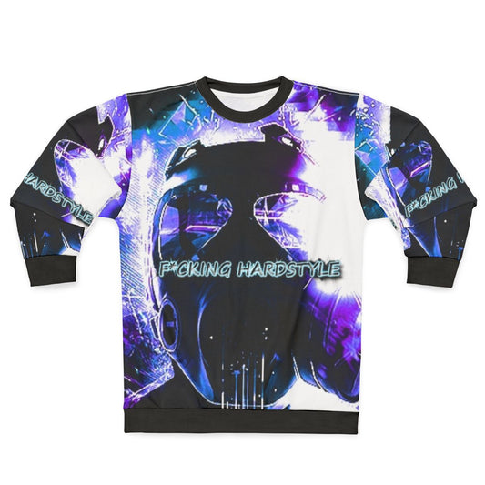Hardstyle music lover wearing a sweatshirt with "F*cking Hardstyle" text