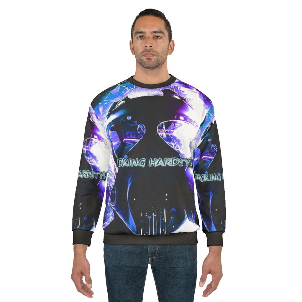 Hardstyle music lover wearing a sweatshirt with "F*cking Hardstyle" text
