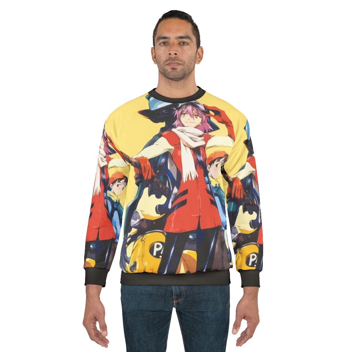 Retro FLCL anime sweatshirt with 90s Japanese manga design