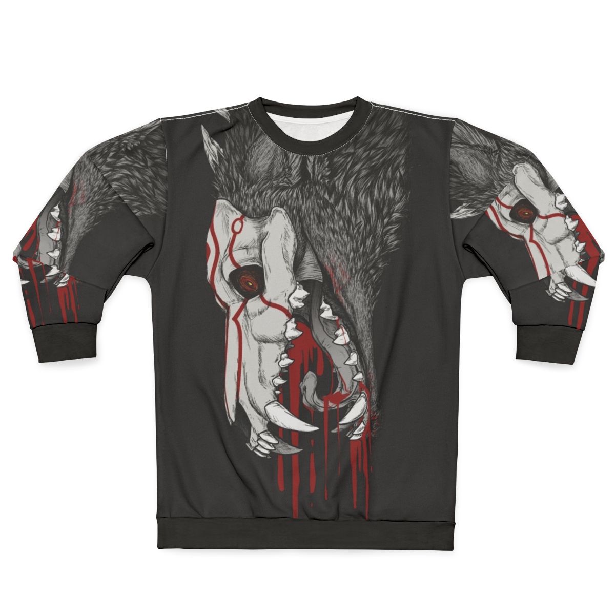 Black sweatshirt with horror-inspired graphic of a Creature of Grimm from the anime series RWBY
