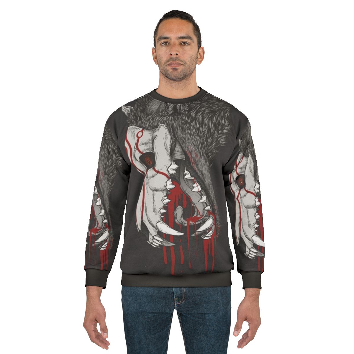 Black sweatshirt with horror-inspired graphic of a Creature of Grimm from the anime series RWBY