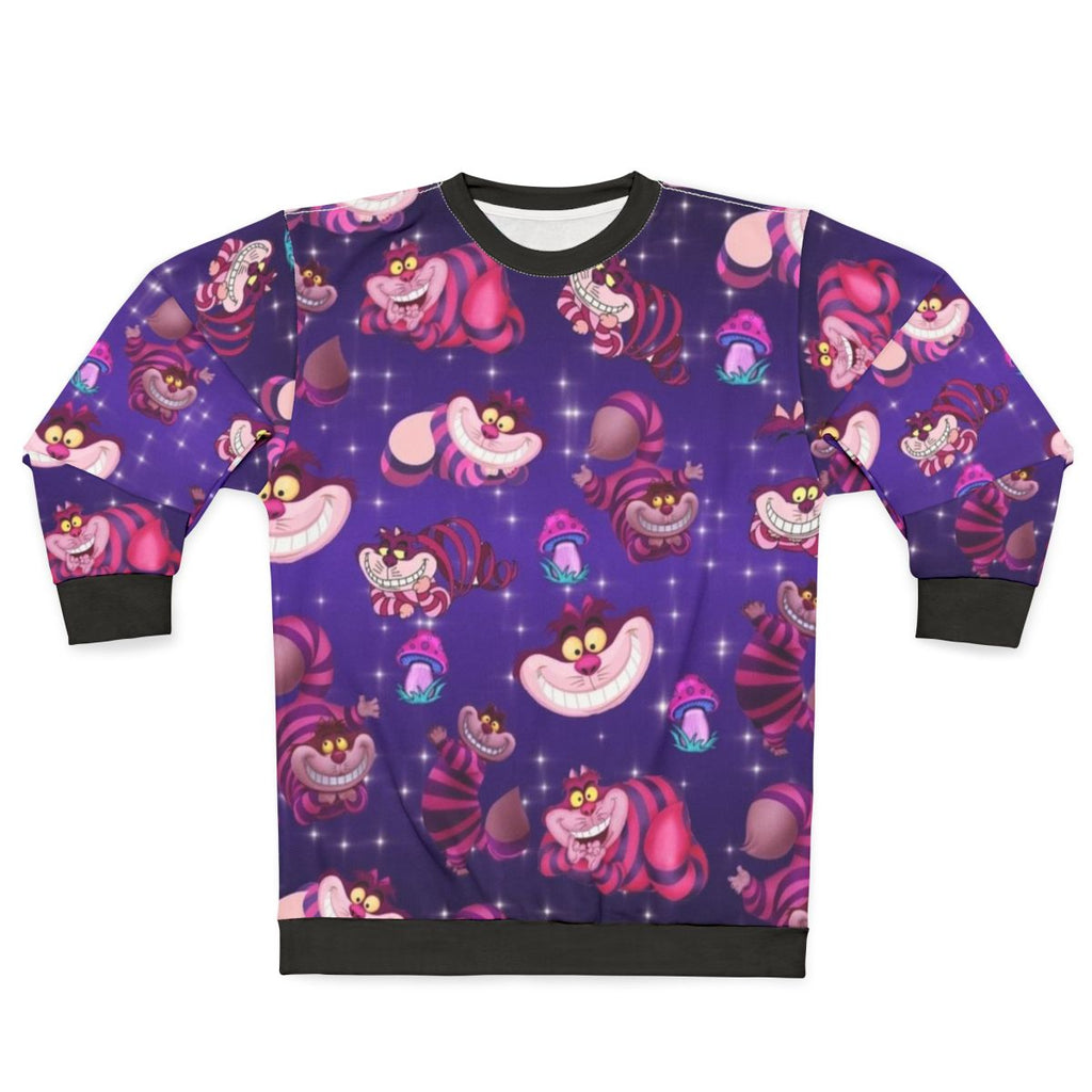 Cheshire Cat inspired fall sweatshirt with purple mushroom design