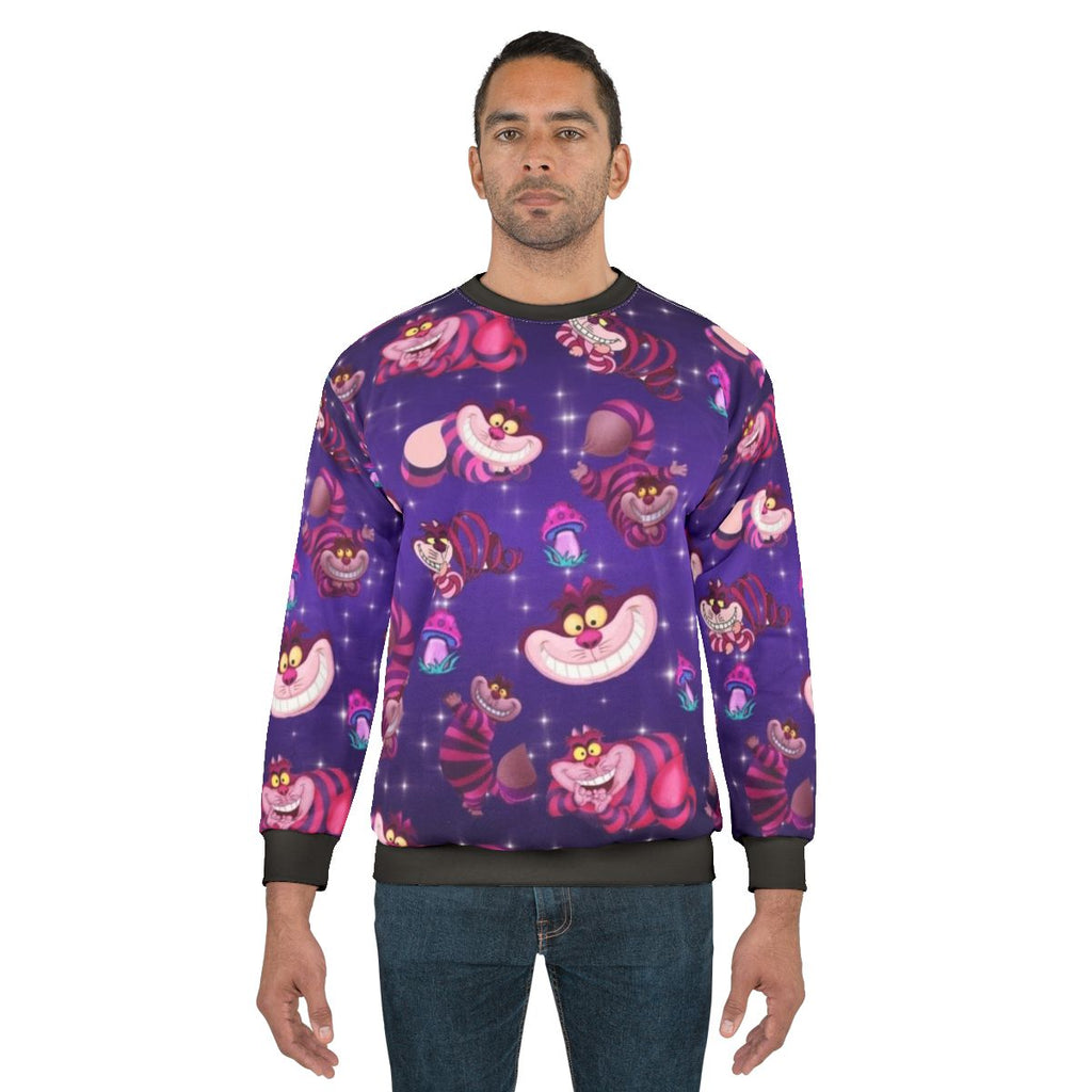 Cheshire Cat inspired fall sweatshirt with purple mushroom design