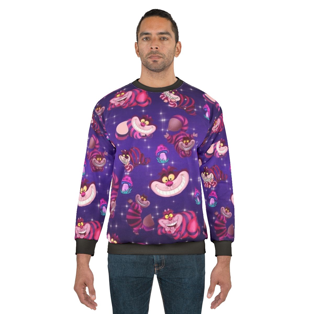 Cheshire Cat inspired fall sweatshirt with purple mushroom design