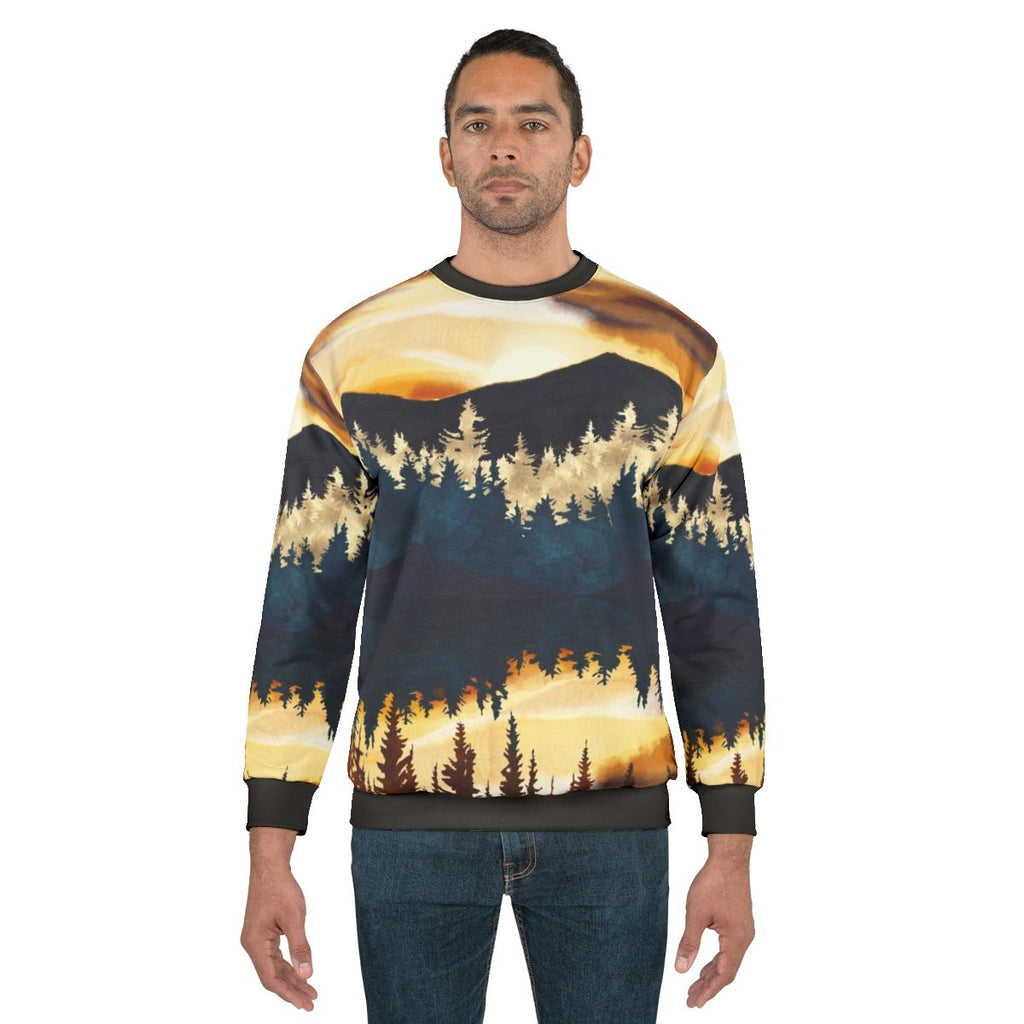Fall sunset landscape graphic design on a comfortable sweatshirt