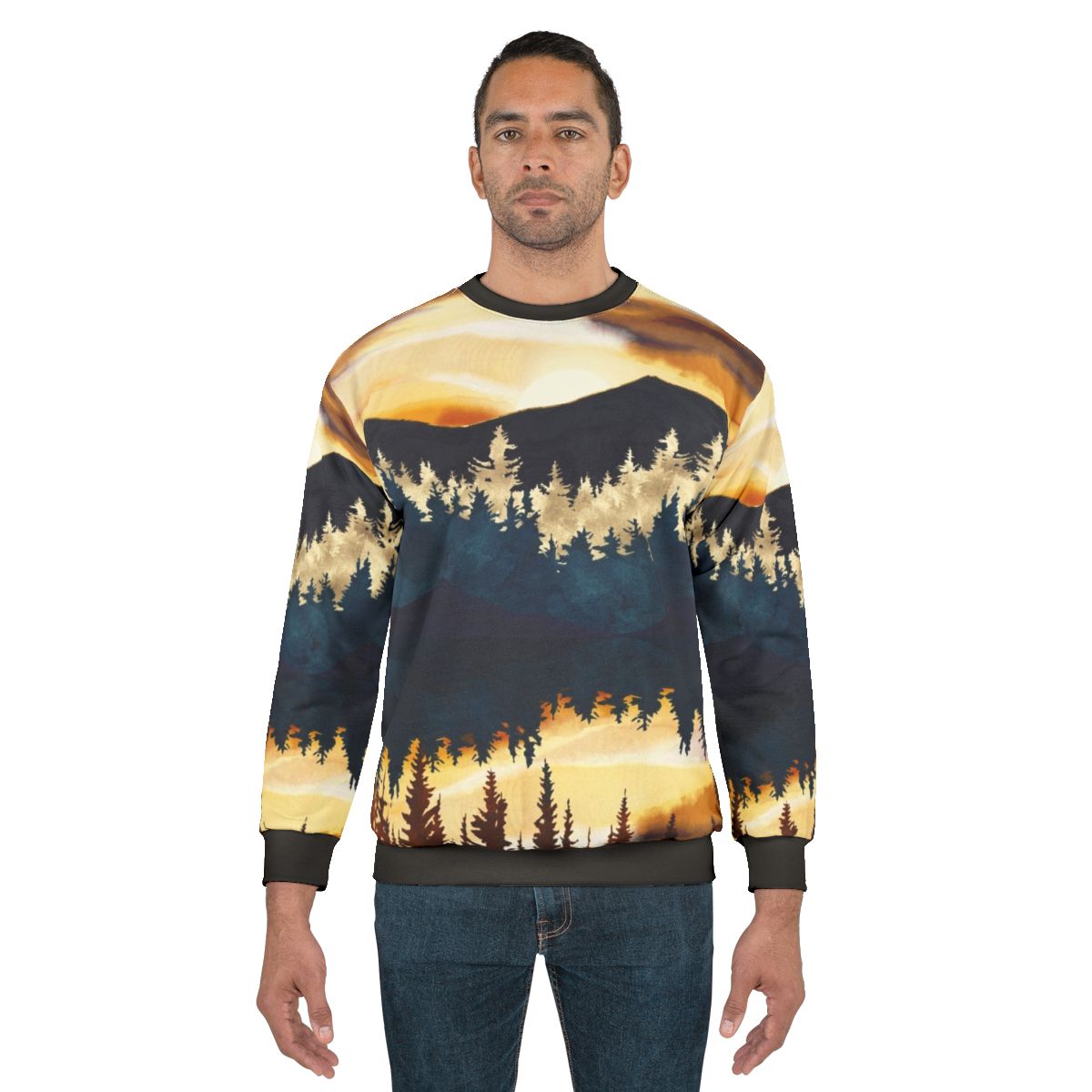Fall sunset landscape graphic design on a comfortable sweatshirt