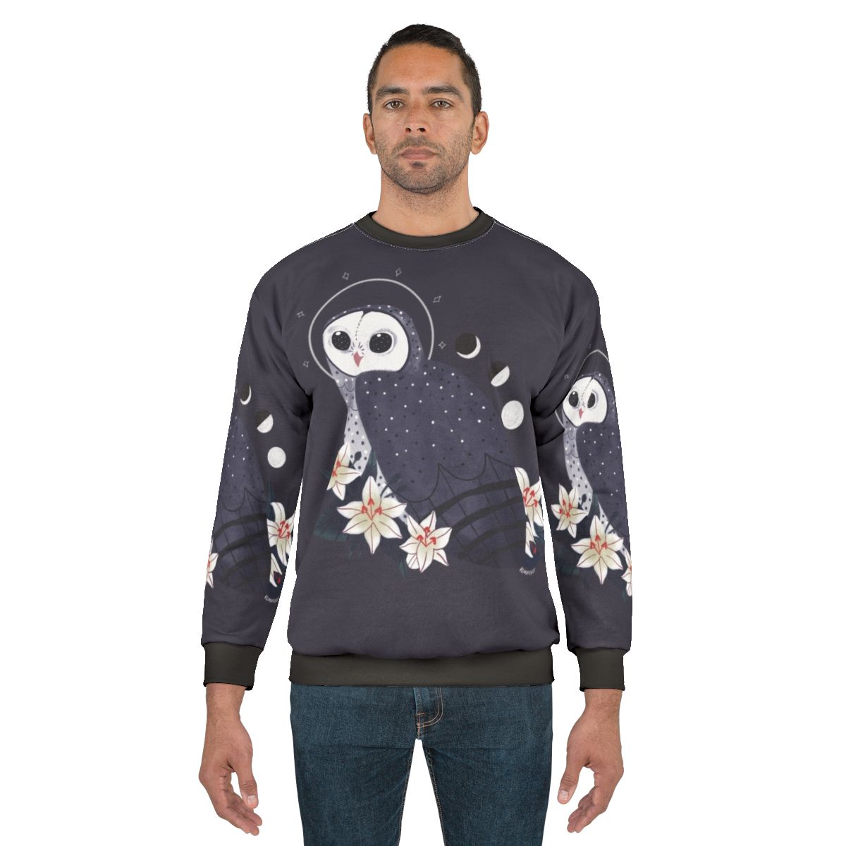 Sooty owl printed on a cozy hooded sweatshirt