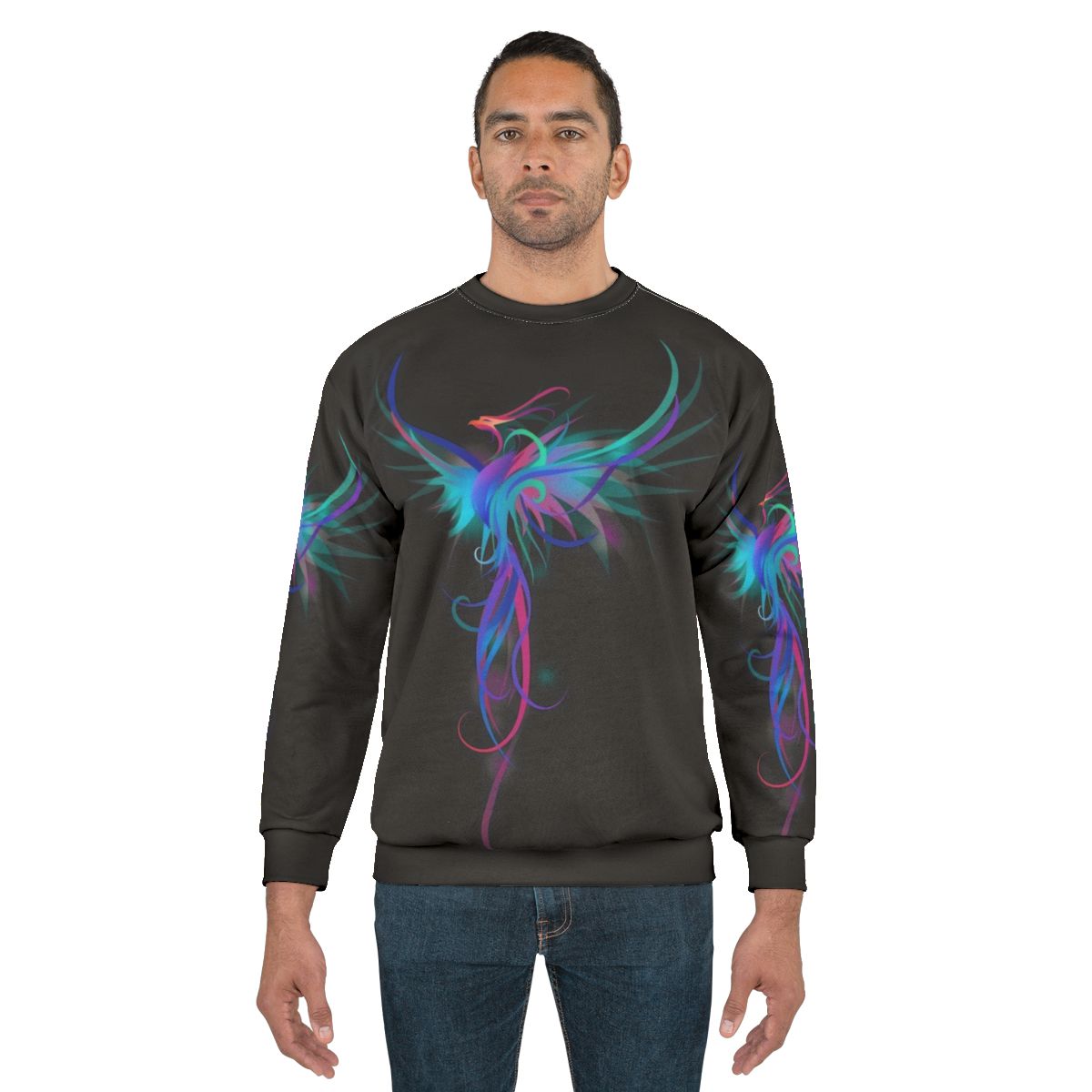 Colorful phoenix abstract graphic on sweatshirt