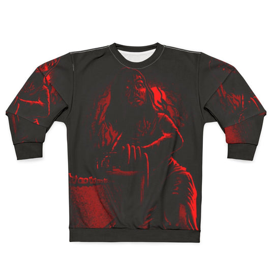 Chilling "Feast On This" horror sweatshirt with evil dead, deadite, and gore motifs