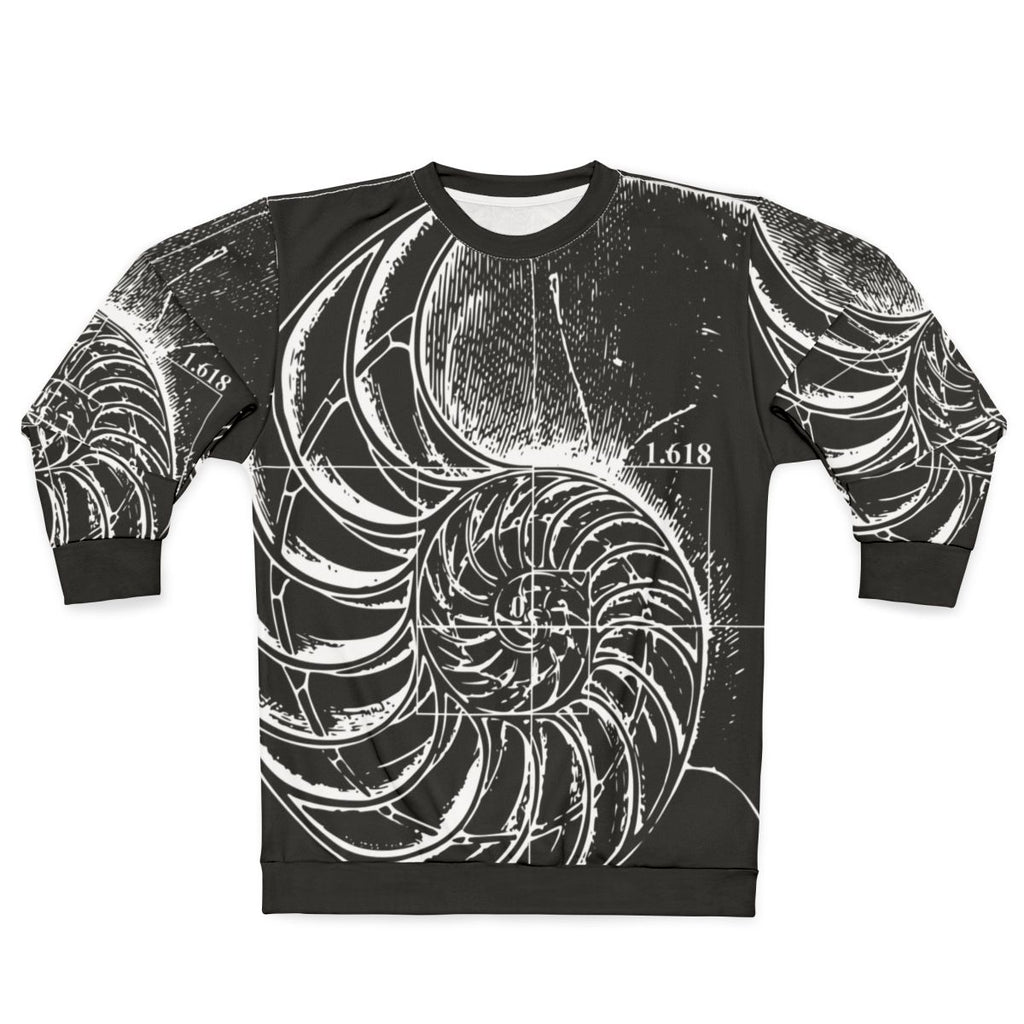 Sweatshirt featuring a nautilus shell with the Fibonacci sequence