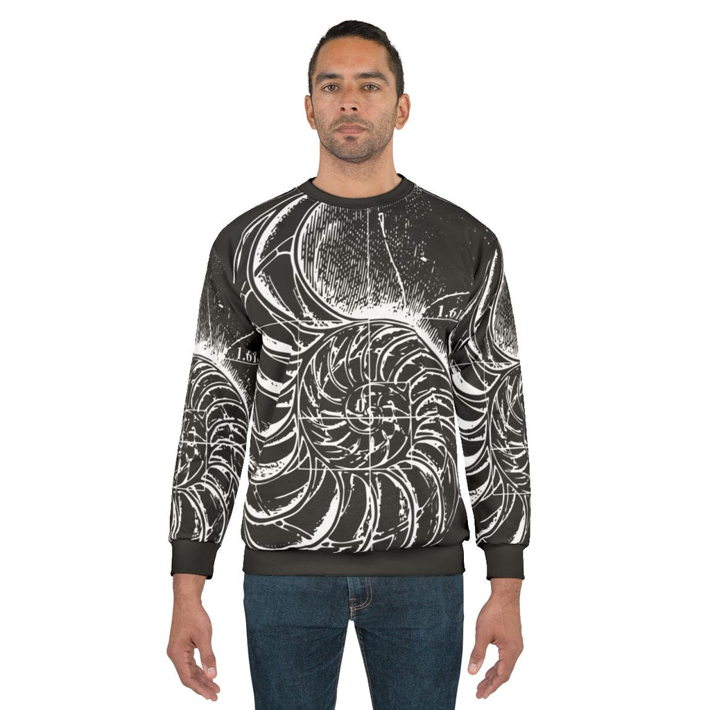 Sweatshirt featuring a nautilus shell with the Fibonacci sequence