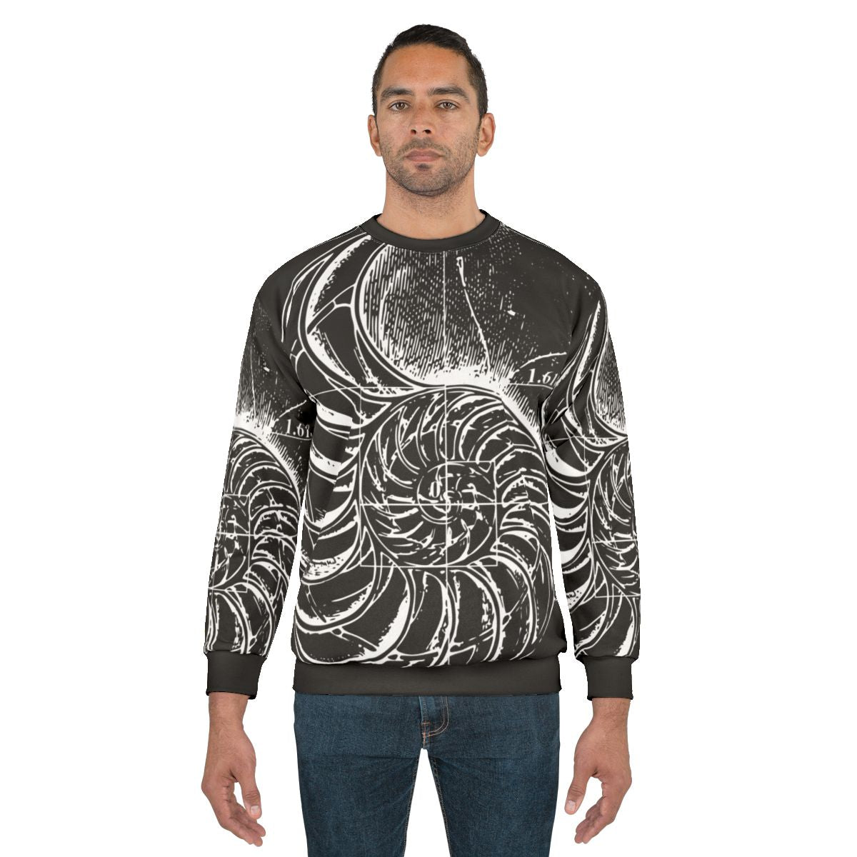 Sweatshirt featuring a nautilus shell with the Fibonacci sequence