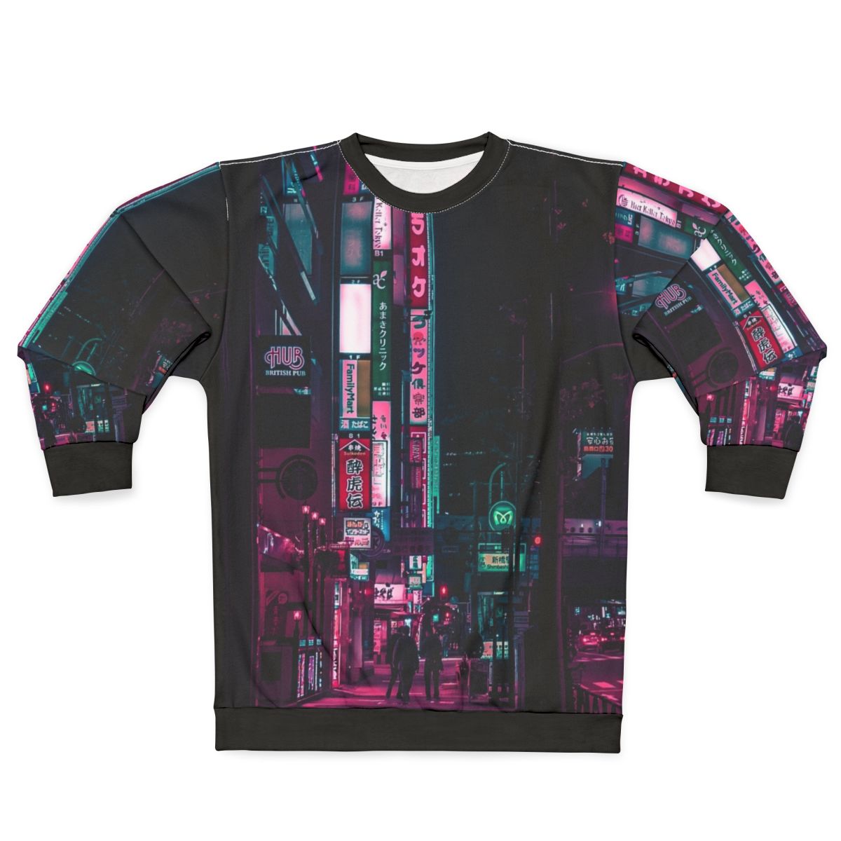 Cyberpunk-inspired sweatshirt with neon lights and urban Tokyo aesthetic