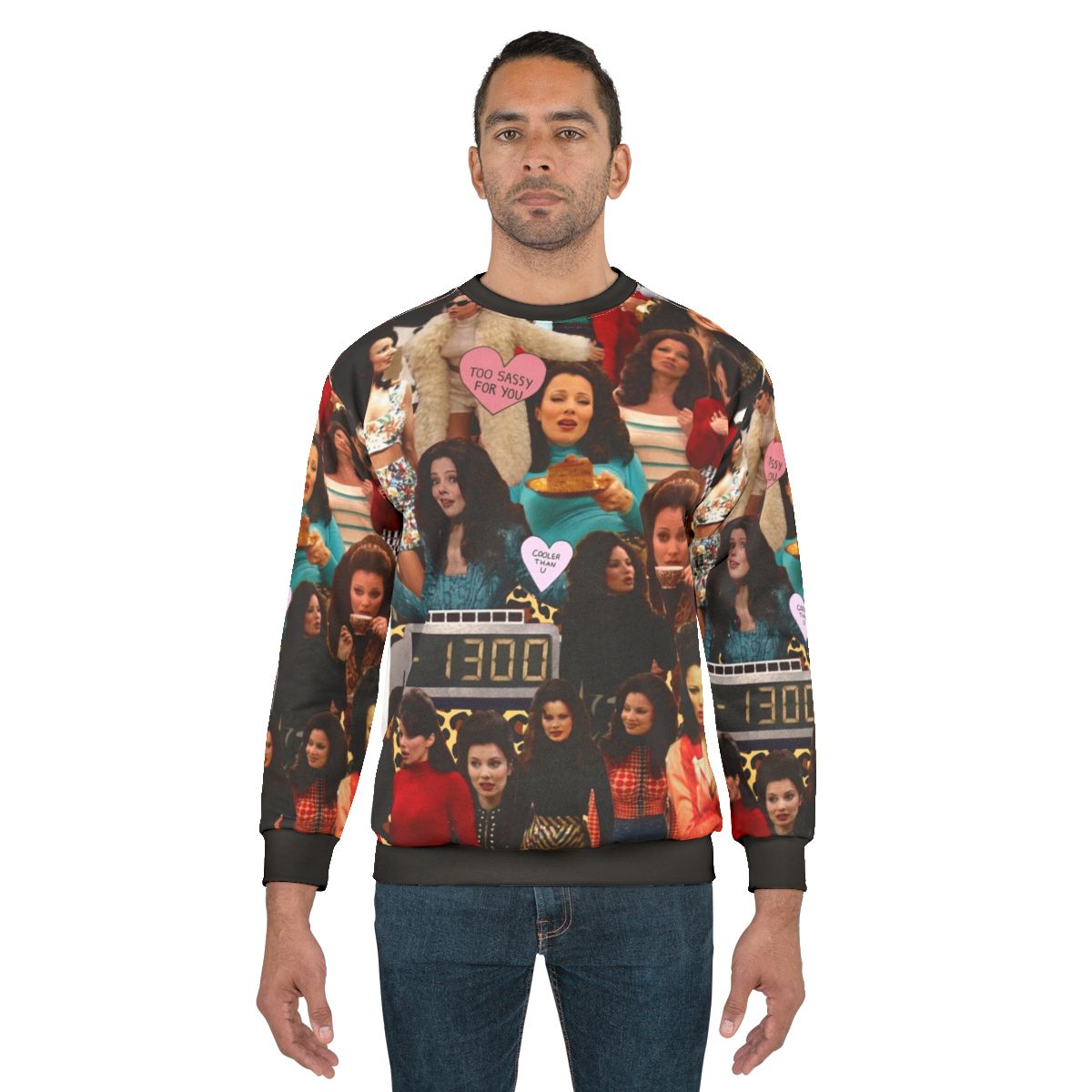 Fine Fran Sweatshirt featuring a collage of characters from the 90s TV show "The Nanny"