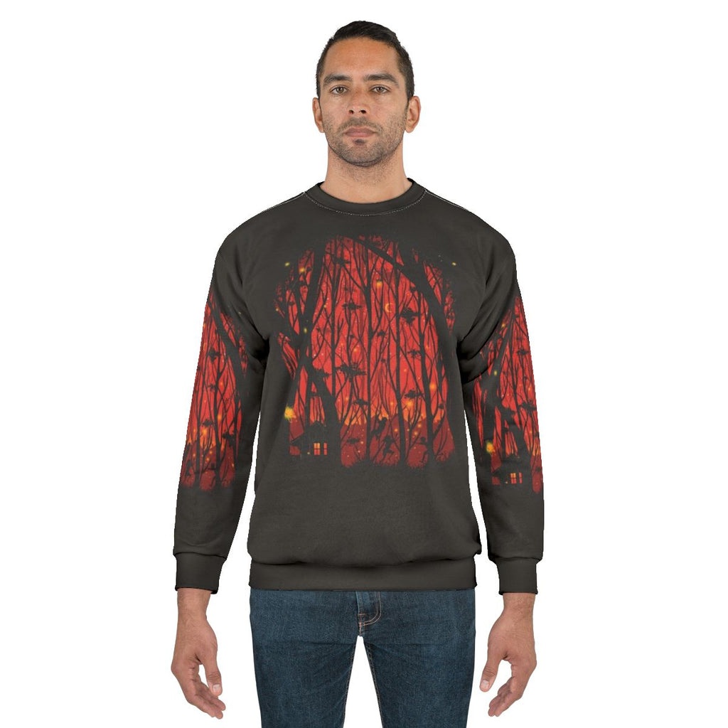 Artistic fireflies sweatshirt with forest landscape design