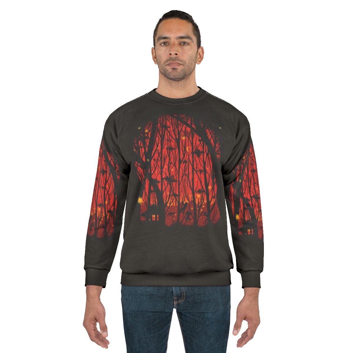 Artistic fireflies sweatshirt with forest landscape design