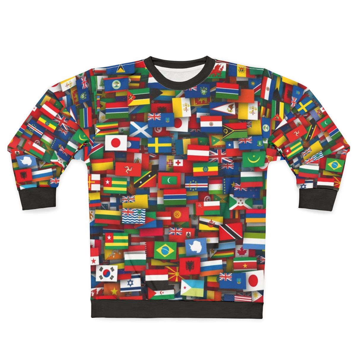 Sweatshirt with designs of flags from countries around the world