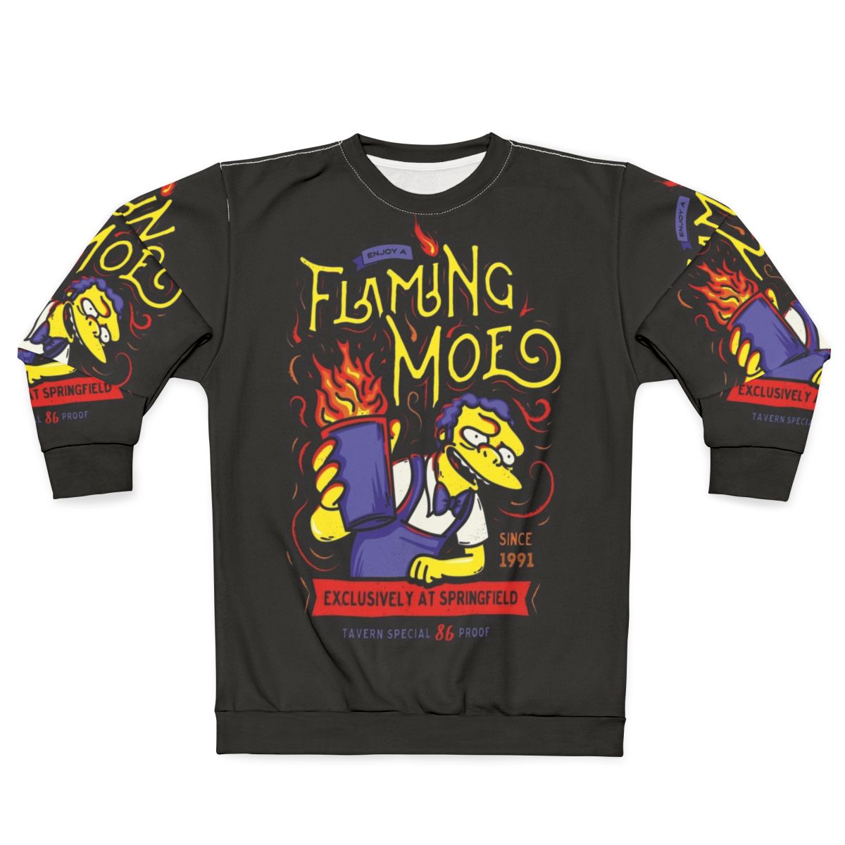 Flaming drink sweatshirt with classic cartoon design from Springfield tavern
